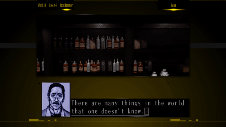 Screenshot from the Silver Case. 3D inside of a bar, barman portrait, says there are many things in the world one doesnt know. stylized digital yellow-brown background.