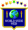 badge with rainbow stars, candles and a windows 2000 globe saying world wide web